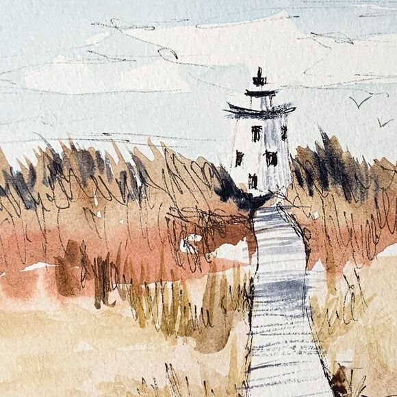 Original Watercolor + Ink New England Lighthouse Seascape HIGH NOON Signed 5x7 - Picture 4 of 4